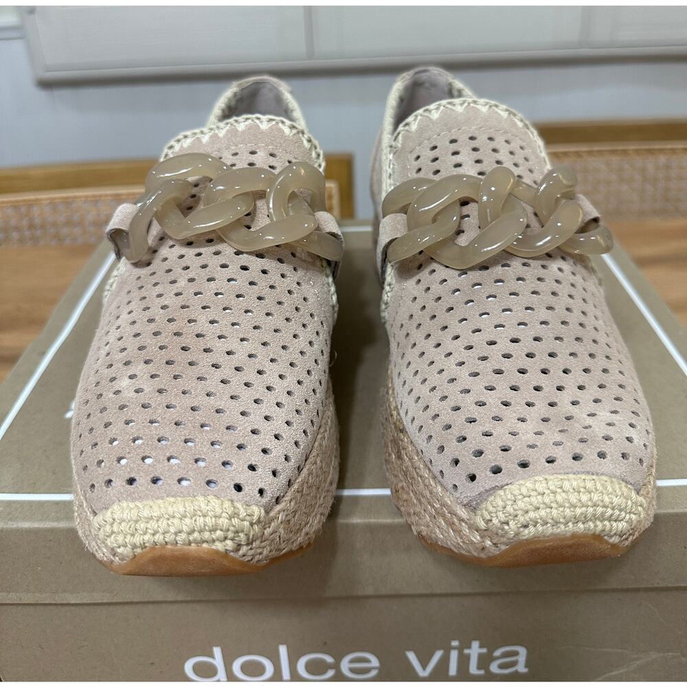 Dolce Vita Jhenee Espadrille Perforated Taupe Suede Sz 8 NIB Chunky Chain Detail - Picture 4 of 14